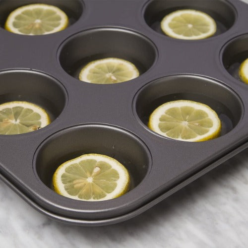 Muffin Pan 12 Cup displaying lemons in the cupcake pan