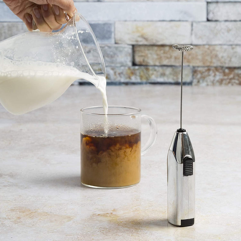 Handheld Milk Frother showing frothed milk being poured into coffee