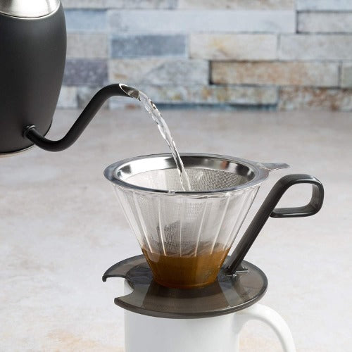 Pike Pour Over on top of coffee mug with water pouring