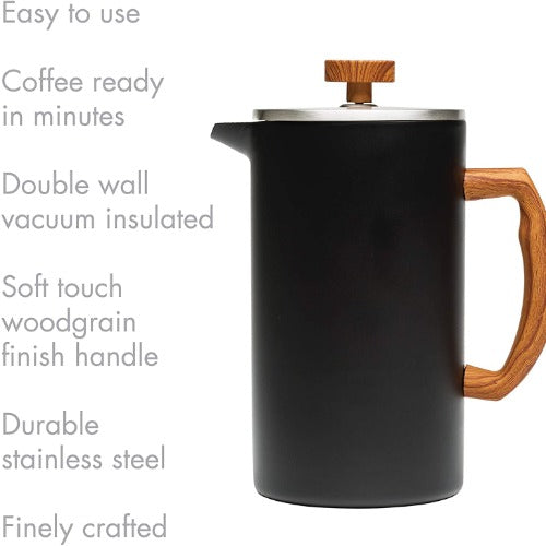 Grant French Press with features on white background