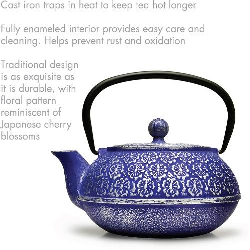 Blue Cast Iron Teapot with features on white background