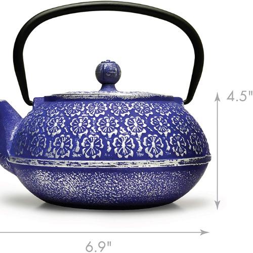 Blue Cast Iron Teapot dimensions on white background