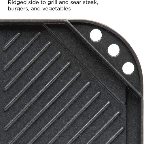 Non-Stick Reversible Grill/Griddle Pan close up to grill side with features