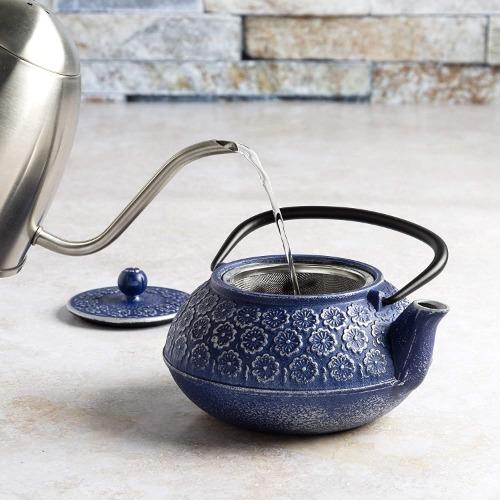 Blue Cast Iron Teapot Adding Water