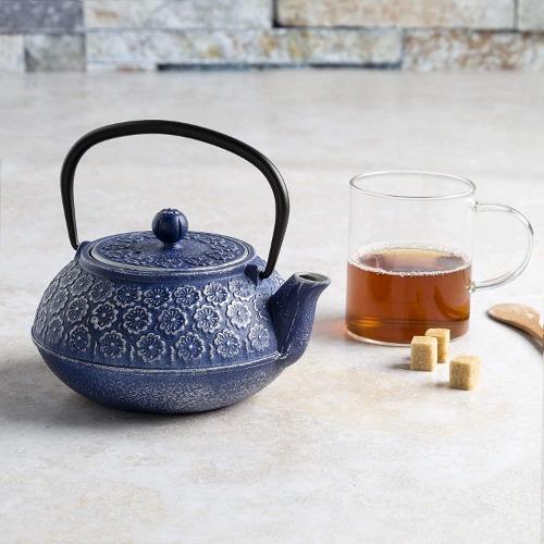 Blue Cast Iron Teapot with tea mug