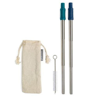 Collapsible Stainless Steel Straws with Silicone Tips, Cleaning Brush, Travel Bag on white background